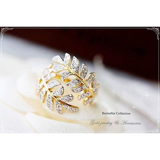 แหวนเพชร CZ แท้ชุบทอง 5 ไมครอน ดีไซน์ใบมะกอก เพชรสวยวิ้งทุกเม็ด