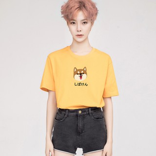 เสื้อยืดแขนสั้น สีเหลือง งานปักลายน้องชิบะ cutting ดี