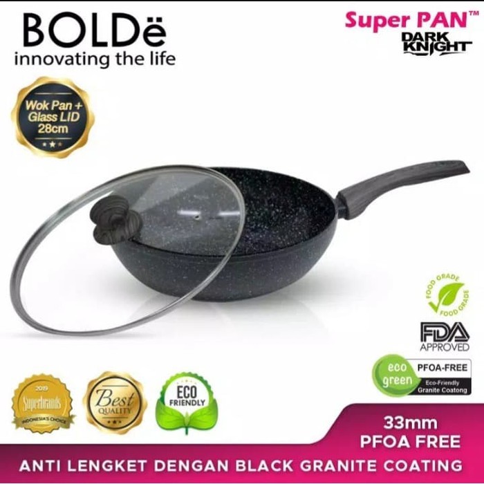 WOK (WAJAN) 28 ซม. + GLASS LID, Granite BLACK DARK KNIGHT Original BOLDe