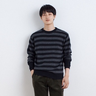 เสื้อไหมพรมผู้ชาย เสื้อไหมพรมคอกลม MUJI : Mens Merino Wool Stripe Crew Neck #15069137180