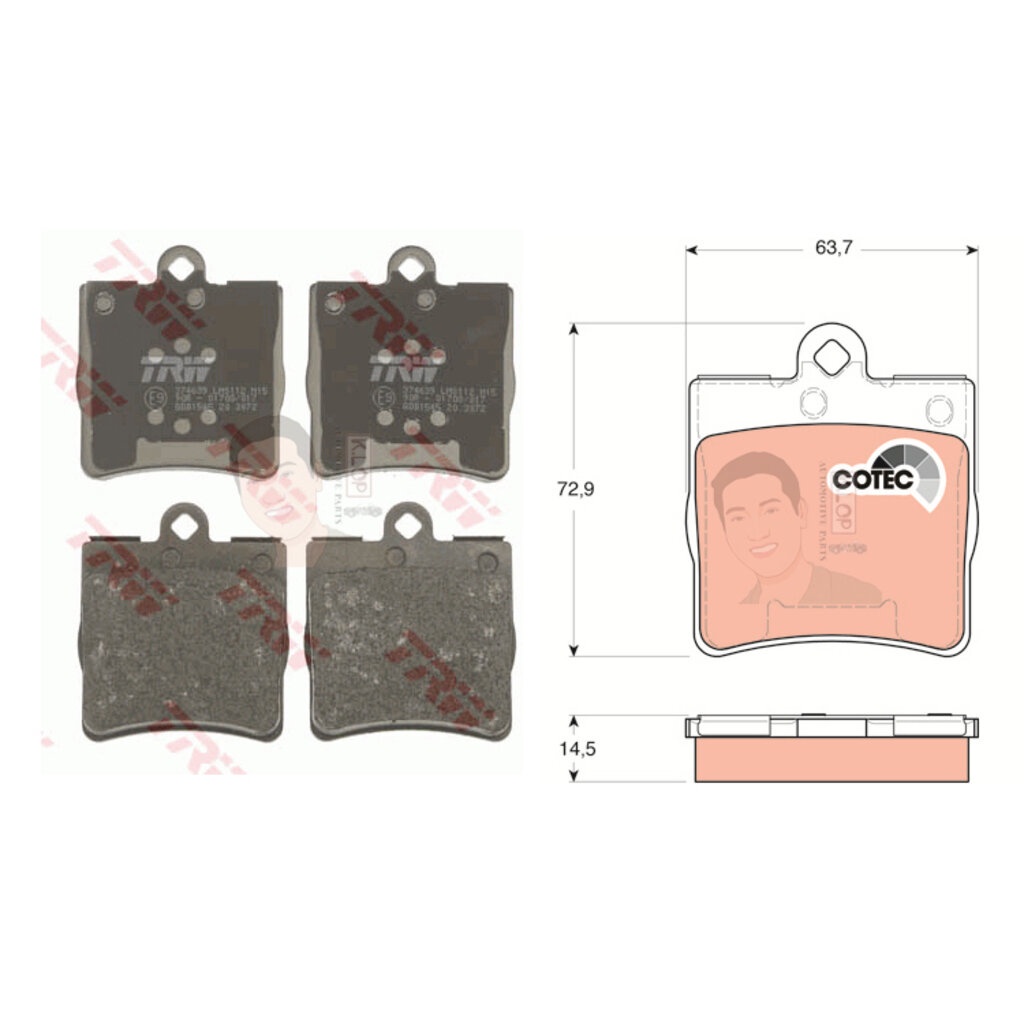 GDB1545 ผ้าเบรค-หลัง (TRW) (เนื้อผ้า COTEC) BENZ C180,200 '02 up C200, C220 CDI (W203) (ไม่มี shim เ