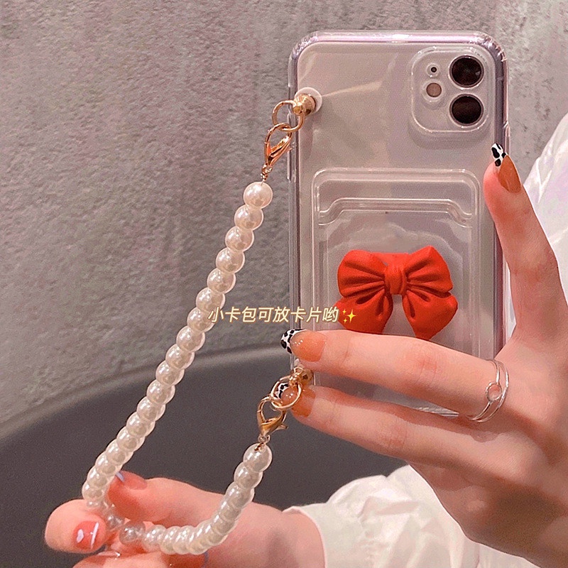 สไตล์ Pearl Chain Card Slot เคสโทรศัพท์สําหรับ iPhone17 16 15 14 13 11 12Pro Xsmax XR 78plus SE2/3 ป