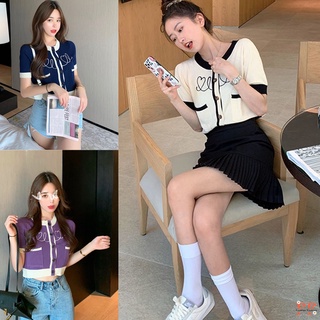 สต็อกไทย❌FF เสื้อไหมพรมคอกลมแขนสั้น อกแต่งลายหัวใจ กระดุมหน้า