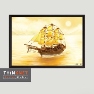 กรอบภาพเรือสำเภาทอง ใบโค้ง 9 ใบ: หันขวา 9 Square-rigged Sails Gold Junk Ship: Heading to the Right Direction