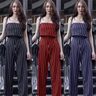 👗Pfashion [ส่งไว!!🚛] P7381  	Set 2 ชิ้น สายเดี่ยวลายริ้ว+กางเกง  Set of 2 pieces. Single strap stripe + pants.