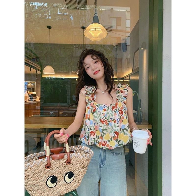Clearance sale ลองเข้ามาดูสินค้า FUFFY 054 เสื้อสายเดี่ยว ตัวสั้น พิมพ์ลาย สไตล์เกาหลี สําหรับผู้หญิง