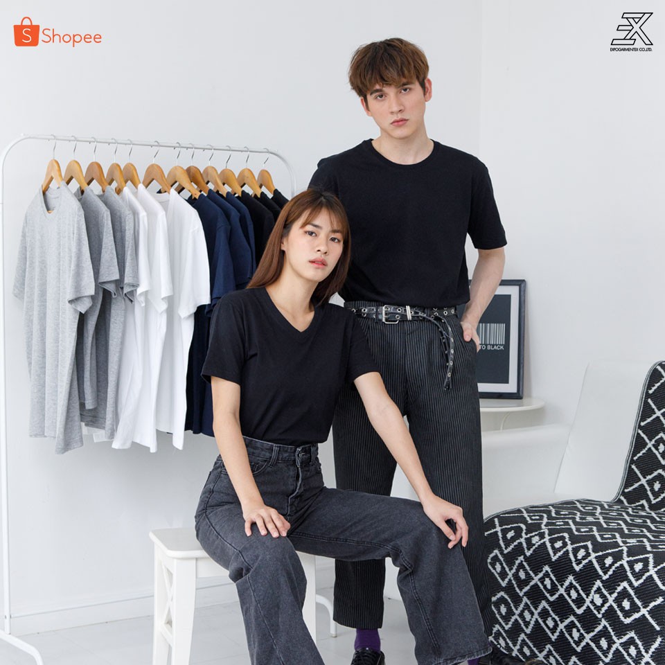 Expogarment เสื้อยืดสีดำ คอกลม คอวี คอตตอน100%  ไม่มีตะเข็บข้าง ไซส์S-6XL หดเกิน3%ยินดีคืนเงิน