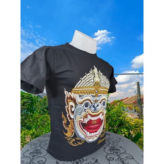 เสื้อยืด คอกลม ลายไทย สีดำ ลายหน้าหนุมาร T013A BLACK