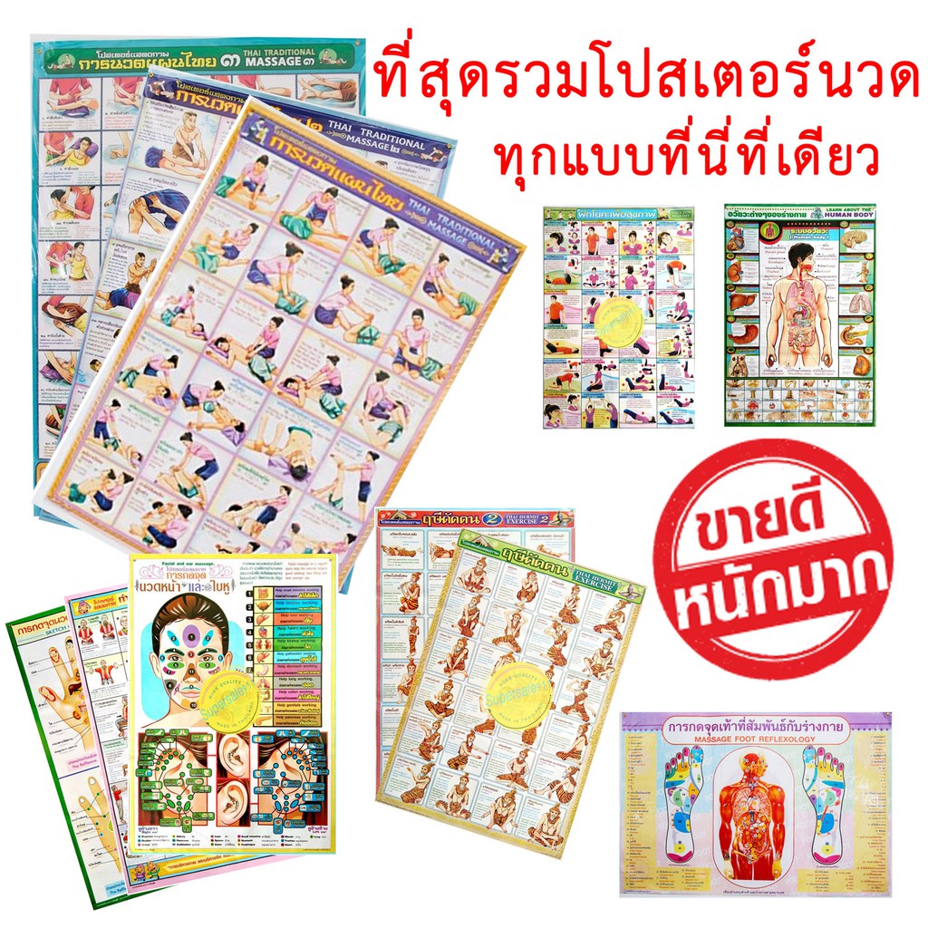 ที่เดียว โปสเตอร์ Poster นวด บริหารร่างกาย 17 แบบ นวดแผนไทย ฤษีดัดตน หน้า เท้า ใบหู อโรม่า กดจุดมือ โยคะ ยืดเส้น คนชรา