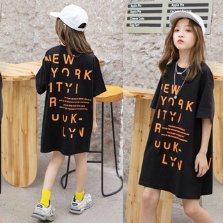 🎐Mykids🎁เสื้อยืดเด็กผู้หญิง กระโปรง 2021 new big kids สไตล์เกาหลี ยาวปานกลาง ลำลอง ทรงหลวม อินเทรนด์