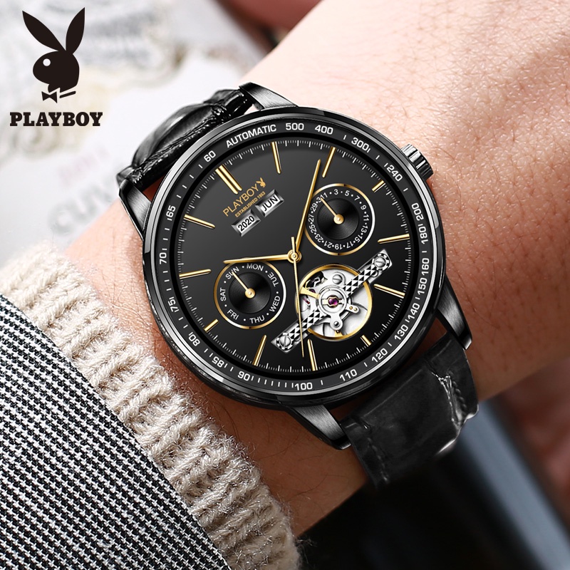 นาฬิกา PLAYBOY 3017 นาฬิกาผู้ชายกันน้ํา เครื่องกลอัตโนมัติ สายหนังแท้ วันที่ นาฬิกาธุรกิจ ของขวัญวันเกิดผู้ชาย มีให้เลือก 4 แบบ