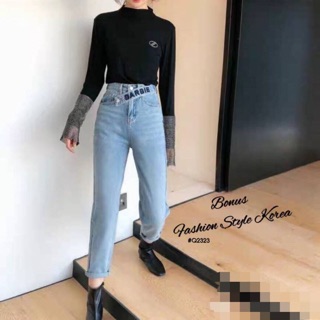 Jeans Style Korea กางเกงยีนส์ ขายาว ทรงบอย แต่งสายคาดปักลาย BARBIE