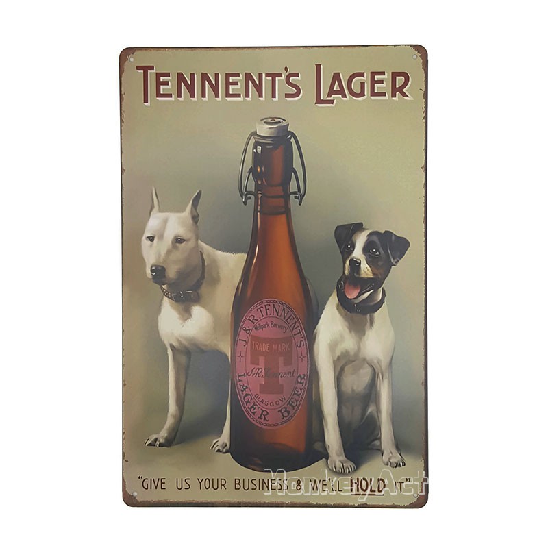 ป้ายสังกะสีวินเทจ Tennent's Lager Beer