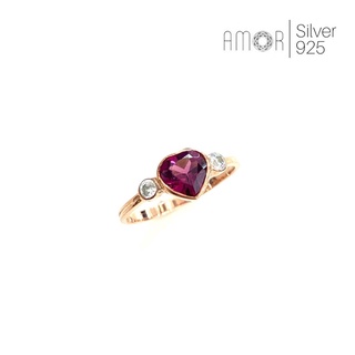 แหวนเงินแท้ 925 ฝังพลอยหัวใจโรโดไลท์สีชมพูอมม่วง(Rhodolite Garnet) ขนาด 6 มิล บ่าข้างด้วยเพชร cz