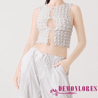 Demonlores- เสื้อครอปท็อปลําลอง คอกลม ฉลุลาย สีพื้น สําหรับผู้หญิง