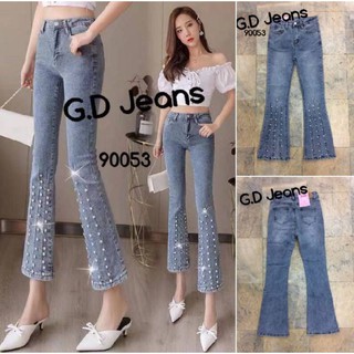 G.D.Jeans รุ่น 90053#กางเกงยีนส์ขายาวผ้ายืดทรงขาม้าเล่นดีเทลตะเข็บหน้าตอกเพชรแบบแฟชั่น