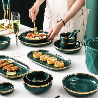  Tableware ชุดจานชามเซรามิค ชุดจานชาม จาน ชาม ถ้วย ช้อน สไตล์ยุโรป หรูหราเซรามิคสีเขียวขอบทอง 18ชิ้น/ชุด (GREEN)