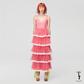 TandT - Crochet Trimmed Ruffled Tiered Gingham Checked Tulle Maxi Dress เดรสยาว สายเดี่ยว เดรสสายเดี่ยวยาว