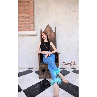 CAMELLIABOUTIQUE : CM072 Setกางเกงยีนเอวสูงผ้ายืดนิดหน่อย ปลายขาขนฟูๆ ยาวๆ ขนแน่นๆ มากคะ มาพร้อมเสื้อกล้ามสีดำเข้ากับชุด