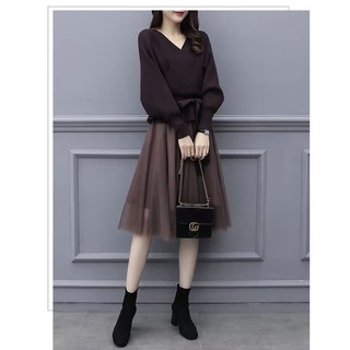 ชุดนี้คุ้มยิ่งกว่าคุ้ม เซทเสื้อไหมพรม+กระโปรงสวยหวานมากคร้าM-L