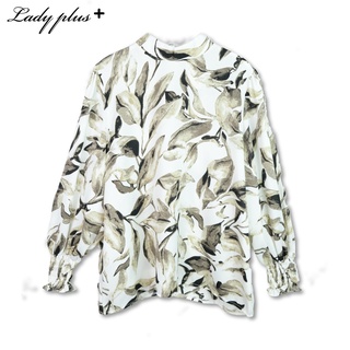 Lady Plus เสื้อลายใบไม้สม๊อคปลายแขน | Elastic Sleeve Print Blouse เสื้อแขนยาว เสื้อทำงาน สีขาว