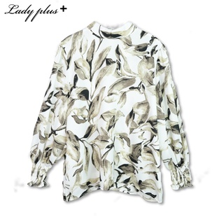 Lady Plus เสื้อลายใบไม้สม๊อคปลายแขน | Elastic Sleeve Print Blouse เสื้อแขนยาว เสื้อทำงาน สีขาว