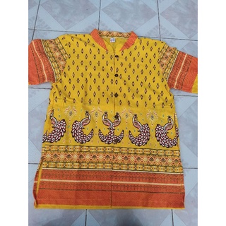 เสื้อลายพื้นเมืองแขนสั้นสีเหลือง เสื้อทำงานผู้ชาย M-2xl