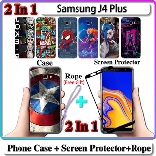 2 IN 1 เคส Samsung J4 Plus เคสพร้อมกระจกนิรภัยโค้ง ป้องกันหน้าจอเซรามิค LOL และฮีโร่