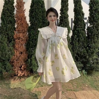N-Yoda ชุดเดรสแขนยาว คอปกตุ๊กตา สไตล์เกาหลี