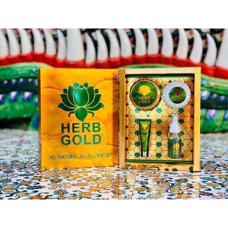 HERB GOLD SET LIMITED เฮิร์บโกลด์ เซตอภิมหาโชค ในกล่อง มี 4 ชิ้น ครีม สบู่สมุนไพร เซรั่ม และกันแดด