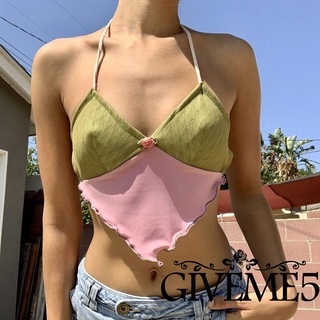 Giveme- เสื้อสายเดี่ยว คอวี โชว์สะดือ สีตัดกัน เซ็กซี่ สําหรับผู้หญิง