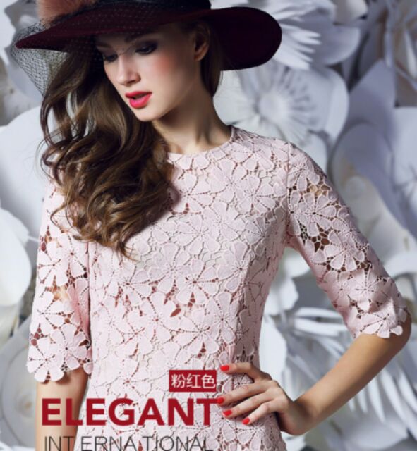 ชุด European lace dress ผ้าลูกไม้ทั้งชุด - สีชมพู