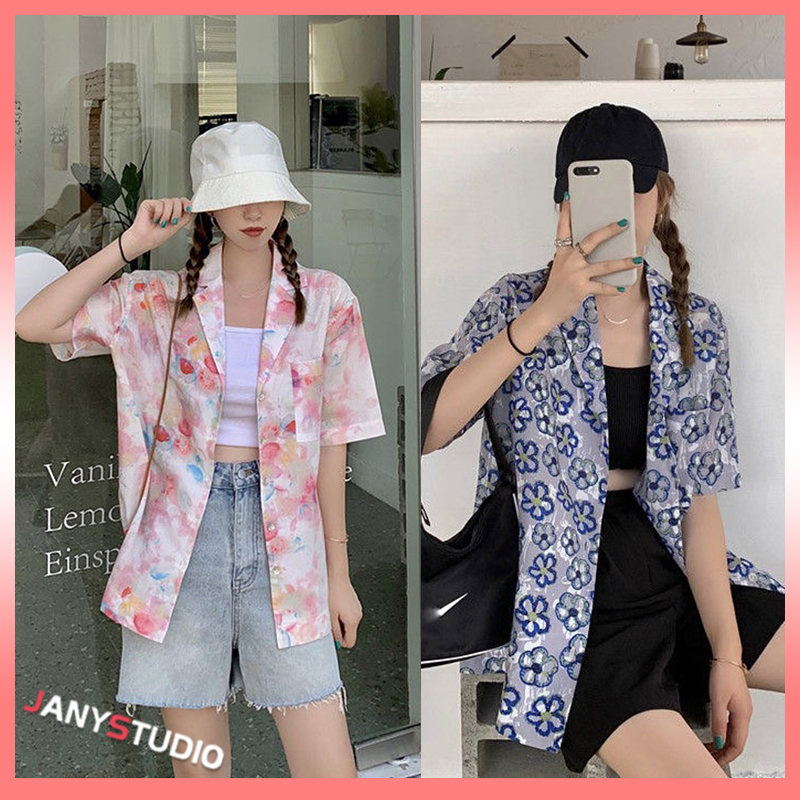 เสื้อฮาวายลายดอกไม้  DX-1433  ทรงหลวมสไตล์ฮ่องกง เสื้อ สงกรานต์ ผู้หญิง 