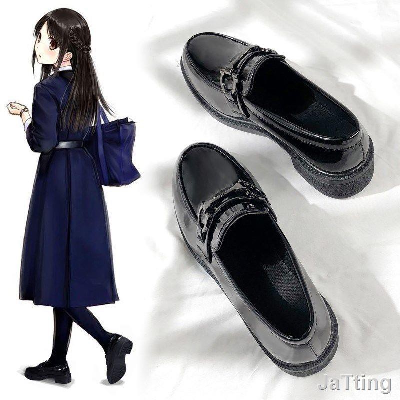 🍬F7b🍬 รองเท้าลำลอง รองเท้าผู้หญิงขนาดใหญ่ 35-43 ขนาดสีดำหนังนุ่มนักเรียนรองเท้าหนังขนาดเล็กแบนย้อนยุคญี่ปุ่น 41 รอบนิ