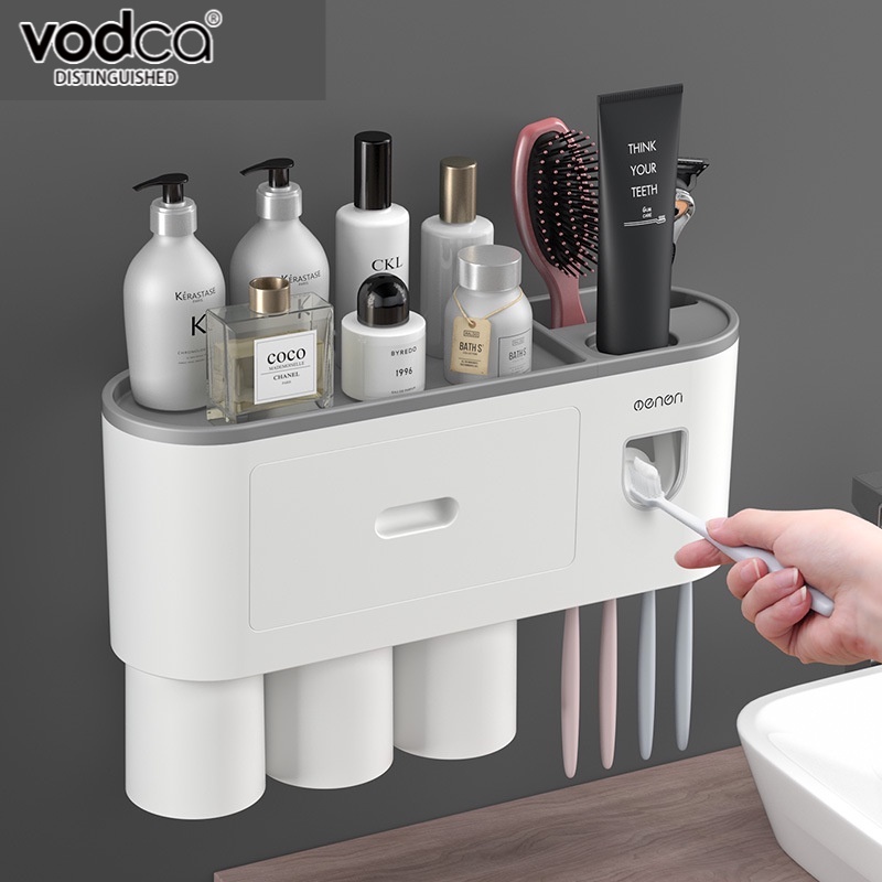 Vodca-กล่องเก็บยาสีฟัน ที่บีบยาสีฟันอัตโนมัติแถมแก้ว เป็นชั้นวางของในตัว ชั้นวางของห้องน้ำไม่ต้องเจา