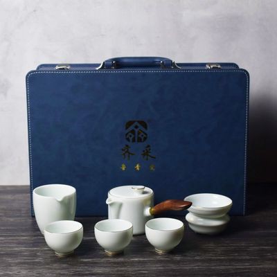 Zibo Boshan กาน้ำชาจีน Lu Celadon แบบพิเศษชุด10ชิ้นชุดน้ำชากังฟูเซรามิกสำหรับใช้ในครัวเรือนกล่องของข