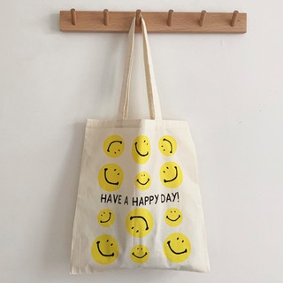 งานดี นำเข้าจากเกาหลีแท้ กระเป๋าผ้า SMILE ลายหน้ายิ้ม กระเป๋าเกาหลี SMILE Tote Bag งานนำเข้า