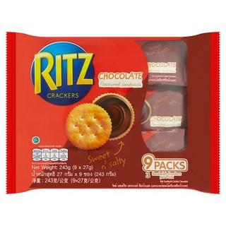 ✨ขายดี✨ ริทซ์ แครกเกอร์สอดไส้ครีมรสช็อกโกแลต 27กรัม x 9 ซอง Ritz Crackers with Chocolate Cream 27g x 9 Sachets