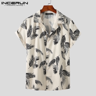 Incerun เสื้อเชิ้ตสําหรับผู้ชายแขนสั้นพิมพ์ลายใบไม้