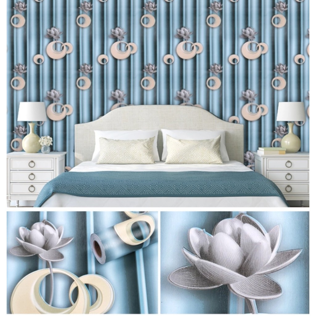 COMBO Roll 5 ถึง 10 เมตร Long Blue 3D lotus วอลเปเปอร์รูปลอก ขนาด 45 ซม. กาวล่วงหน้า