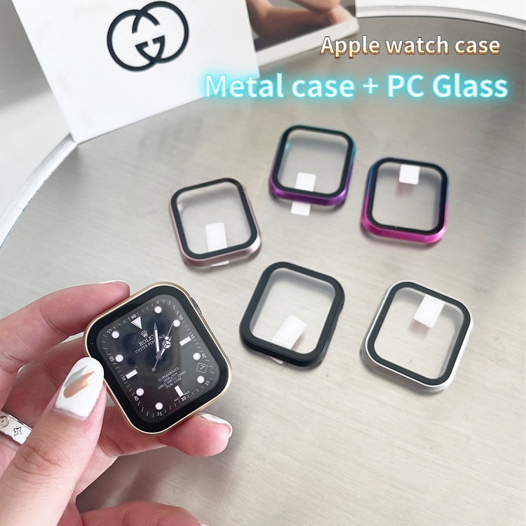 อลูมิเนียมโลหะ + กระจกนิรภัยสําหรับ Apple Watch Series 9 8 7 6 5 4 3 2 1 เคสแข็งสแตนเลสป้องกัน สําหรับ 40/44/41/45/38/42 มม.