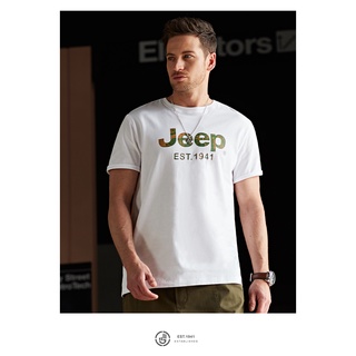 เสื้อยืดผ้าฝ้ายพิมพ์ลายแฟชั่น  jeep jeep ฤดูร้อนใหม่ผ้าฝ้ายแท้บางส่วนสีขาวบุคลิกภาพอินเทรนด์สบายๆรอบคอสั้นเสื้อยืดผู้ชา