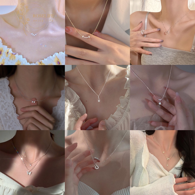 Roselife เกาหลี เพทาย หัวใจ หยดน้ํา ใบไม้ ปีก จี้สร้อยคอ สําหรับผู้หญิง ส่องแสง ฤดูร้อน สร้อยคอโซ่ เครื่องประดับ