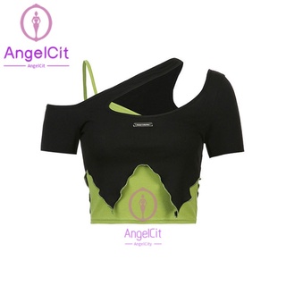 Angelcity ※ ขายดี เสื้อยืดแขนสั้น เปิดไหล่ ทรงสลิมฟิต สองชิ้น สําหรับผู้หญิง