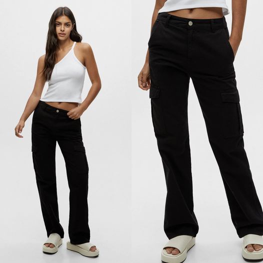 Pull and Bear กางเกงขายาว ทรงคาโก้  เอวสะดือ เนื้อผ้ายีนส์นิ่ม ผ้าไม่ยืด มีกระเป๋าล้วงด้านข้าง ทรงแบ