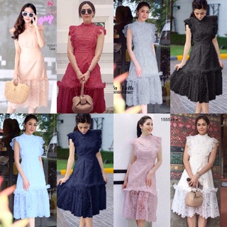 1555  Dress เดรส คอเต่า ลูกไม้ ต่อระบายปลาย