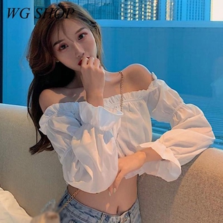 Wg SHOP เสื้อยืดแขนพัฟ เปิดไหล่ข้างเดียว เอวสูง ขนาดเล็ก เซ็กซี่
