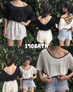 เสื้อคอยูเนื้อผ้าคอตตอน เสริมดีเทลเว้าหลังมีสายคาด ใส่สบาย