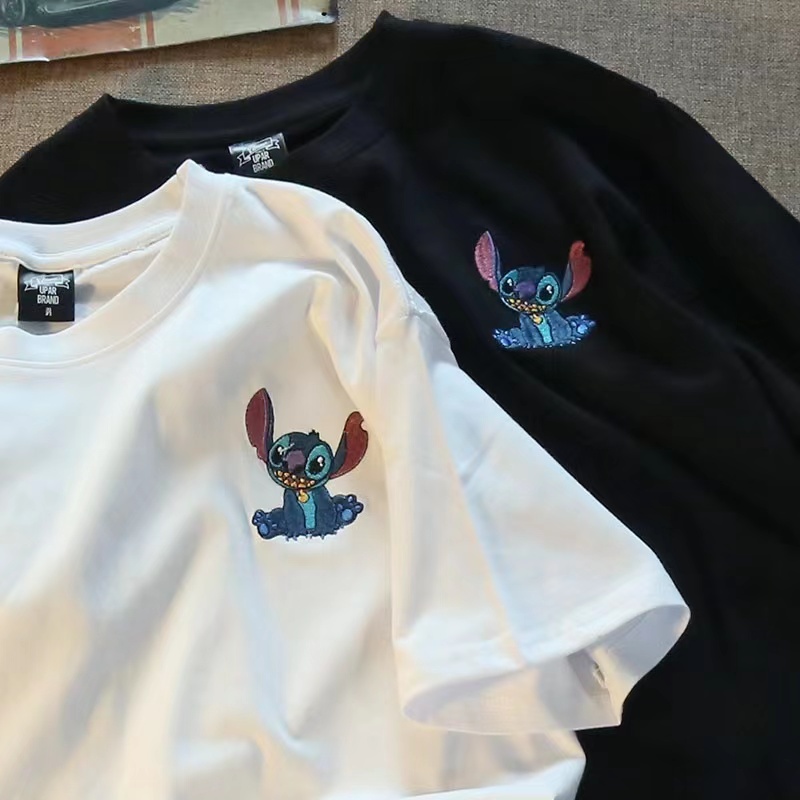 【Polyester】ฤดูร้อนใหม่ Stitch การ์ตูนน่ารักพิมพ์เสื้อยืดแขนสั้นสุภาพสตรีลำลองหลวมคอด้านบน
