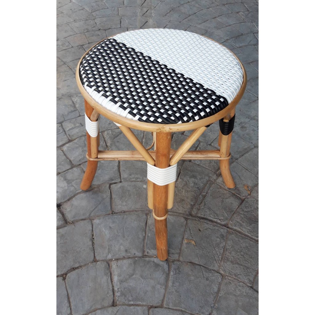 Anusarin Paris Cafe Series Black & White Stool 40x48 cm สตูลโครงสร้างหวายสานแท้สานหวายพลาสติกสีขาวดำ
